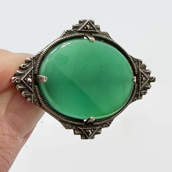 Art Deco Brooch, Sterling Silver, Chrysoprase, Marcasite, Stone, 1920s, 1930s - Picture 3 of 4